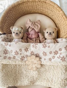 a baby sleeping in a basket with two teddy bears