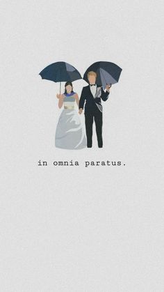 two people holding umbrellas with the words in omnia paratus written below them