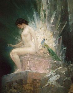 a painting of a naked woman sitting on top of a box with a peacock nearby