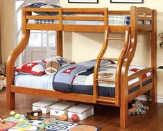 a wooden bunk bed sitting on top of a hard wood floor