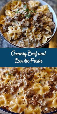 creamy beef and bowtie pasta in a blue bowl with text overlay that reads creamy beef and bowtie pasta