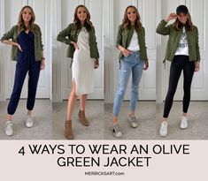 4 Olive Green Jacket Outfits - Merrick's Art Green Khaki Outfit, Olive Leather Blazer Outfit, Khaki Green Jacket Outfit Women, Olive Green Jean Jacket Outfit, How To Style Olive Green Jacket, Green Jeans Jacket Outfit, Olive Leather Jacket Outfit, Olive Green Leather Jacket Outfit, Military Green Jacket Outfit