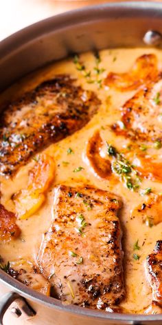 pork chops in sauce with apples in a pan Cider Pork Chops, Apple Cider Pork Chops, Apple Cider Pork, Pork Chops With Apples, Braised Pork Chops, Pork Sauce, Meat And Potatoes, Apple Pork, Apple Pork Chops