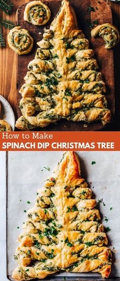 spinach dip christmas tree on a cutting board next to other appetizers with text overlay