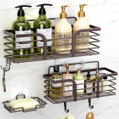 two metal shelves holding soap, lotion and other bathroom items