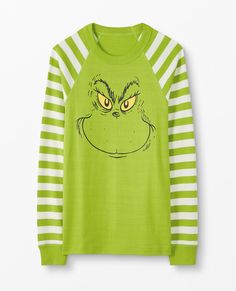 Adult Dr. Seuss Grinch Long John Top -  Organic combed cotton rib knit  Super-smooth flatlock seams  Front screenprint Soft ribbed cuffs  STANDARD 100 by OEKO-TEX® | 03.U.9375 HOHENSTEIN HTTI | Tested for Harmful Substances | www.oeko-tex.com/standard100 Tops and pants offered separately for the very best fit  Prewashed  Imported Sorry, not available for international shipping™ & © 2020 Dr. Seuss Enterprises, L.P.  All Rights Reserved.. Pajamas, Adult, Long Johns > family matching pa Grinch T-shirts, Long Sleeve Sleepwear With Graphic Print, Green Long Sleeve Sleepwear For Fall, Fall Crew Neck Sleepwear, Relaxed Fit Winter Sleep Tops, Relaxed Fit Sleep Top For Winter, Winter Sleep Tops With Relaxed Fit, Grinch Dress, Xmas Grinch