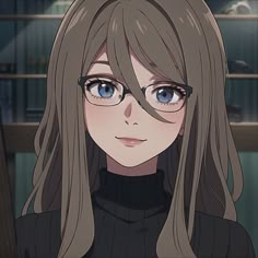 an anime character with long hair and glasses looking at the camera in front of a bookshelf