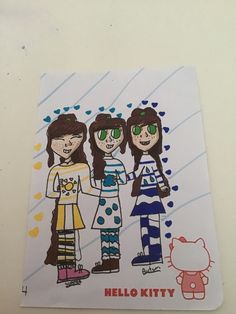 a drawing of three girls holding hands with a hello kitty cat on the bottom right hand corner