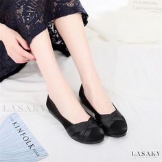 Lasaky - Lightweight Fabric Flat Casual Shoes in Black - Ideal for Work Black Slip-on Flats For Spring, Black Flat Slip-ons For Spring, Casual Black Pointed Toe Slip-ons, Black Slip-on Flats, Casual Black Almond Toe Flats, Black Flat Slip-ons, Spring Black Round Toe Flats, Black Slip-ons With Medium Width And Round Toe, Black Synthetic Flats