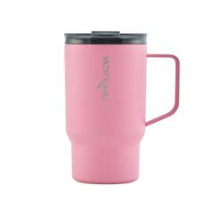 the pink travel mug has a black lid