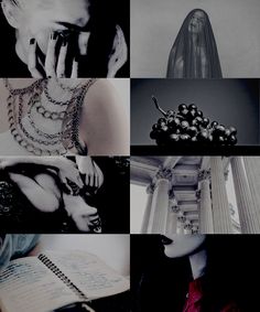 a collage of black and white images with pearls