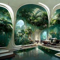 an indoor swimming pool surrounded by greenery and arched windows in a living room with green walls