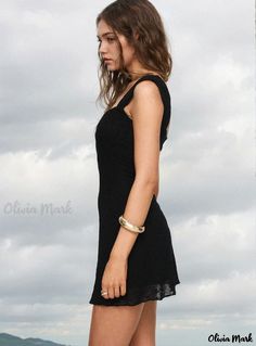 Oliviamark - Elegant Black Short Dress Black Square Neck Summer Dress, Casual Mini Dress With Square Neck For Evening, Casual Evening Mini Dress With Square Neck, Casual Square Neck Mini Dress For Evening, Chic Scoop Neck Beach Dress, Elegant Mini Dress With Scoop Neck For Summer, Elegant Scoop Neck Midi Dress For Party, Black Scoop Neck Midi Dress For Night Out, Chic Stretch Dress With Scoop Neck