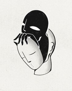 a black and white drawing of a person covering their face with his hands while wearing a mask