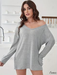 Eromis - Premium Plus Size Lounge Top for Women - Solid Ribbed Knit, Long Sleeve V-Neck Sleepwear with Sexy Appeal and Comfortable Design Gray Ribbed V-neck Top, Plus Size Lounge, Lounge Top, Comfortable Design, Knit Long Sleeve, Top For Women, Fabric Medium, Top Fabric, Ribbed Knit