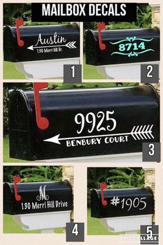 mailbox decals with numbers and arrows are shown in four different styles, including the number