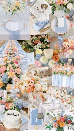 a collage of photos with flowers and wedding decorations in pastel colors, such as blue