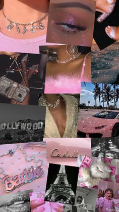 the collage shows many different pictures and words in pink, blue, white and black