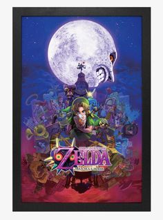 the legend of zelda poster is shown in front of a full moon with an image of