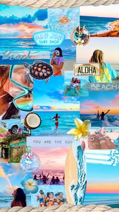 a collage of photos with the words aloha on them and images of people at the beach