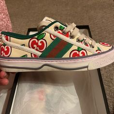 Gucci Tennis Apple Print Sneakers Spring Gucci Sneakers, White Gucci Sneakers For Spring, Spring White Gucci Sneakers, Designer Gucci Sneakers For Spring, Gucci Yellow, Apple Print, Shoes Gucci, Apple Prints, Gucci Sneakers