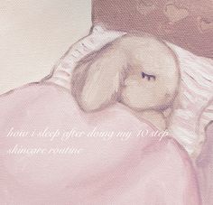 a painting of a teddy bear wrapped in a pink blanket with the words, how i sleep after being asleep