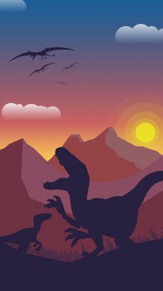 an image of dinosaurs in the wild at sunset