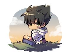 an anime character sitting on top of a grass covered field with clouds in the background