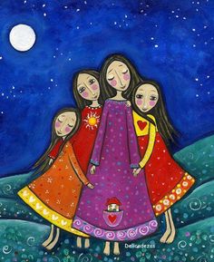 a painting of three girls hugging each other in front of a night sky with stars