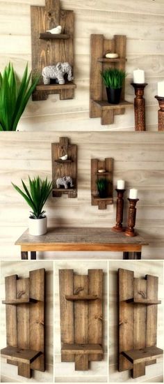 several wooden shelves with plants on them and some other items in the wall behind them