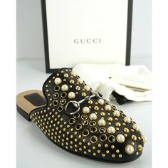 Gucci Princetown Pearl Studded Slide Mule Loafers Size 35 Horse Bit Nib $1500 New In Box Condition Notes: No Issues I Can Find Gucci Leather Mule With Crystal, Glass Pearl, And Golden Metal Studs. 0.5" Flat Stacked Heel. Round Toe. Horsebit On Notched Vamp. Beige Quilted Satin Lining. Leather Outsole. "Princetown" Is Made In Italy. Purchased From A Brand Authorized Retail Store's Display Floor Msrp: 1500.00 Style Name: Princetown Pearl Mule Color Name: Black Shoe Size: 5.0 Us 35.0 Eu 0.0 Uk Shoe Gucci Luxury Pointed Toe Loafers, Designer Loafers With Branded Heel Counter, Designer Black Loafers For Spring, Luxury Loafers With Studded Rubber Outsoles, Designer Closed Toe Calf Leather Loafers, Designer Calf Leather Closed Toe Loafers, Luxury Flat Loafers For Party, Luxury Flat Party Loafers, Gucci Designer Flat Heel Loafers