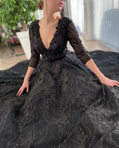 Details: -Designer laced fabric -Black color -A-line with deep cups and sleeves -For special occasions Teuta Matoshi Dresses, Matoshi Dress, Black Lace Evening Dress, Teuta Matoshi, Black Tie Attire, A Line Prom Dress, Flora Dress, Wedding Dresses With Flowers, Wedding Flower Girl Dresses