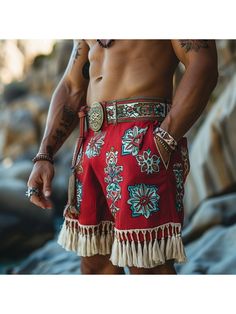 Men Shorts, Retro Casual Ethnic Style Shorts Bohemian Style Shorts Without Belt Summer Beach Boho Print Bottoms, Hippie Boho Print Vacation Bottoms, Bohemian Red Bottoms For Vacation, Red Bohemian Bottoms For Vacation, Traditional Summer Festival Bottoms, Bohemian Summer Festival Bottoms, Traditional Red Bottoms For Summer, Bohemian Summer Shorts, Bohemian Boho Print Bottoms For Beach Season