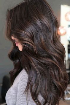 31 Gorgeous Dark Brown Hair Color Ideas To Try In 2024 - The Hairstyle Edit Brunette Mahogany Balayage, Brunette Hair With Fair Skin, Soft Waves Dark Hair, Brunette Glaze Hair, Fall Hair Colours For Brunettes, Rich Deep Brown Hair, Rich Dark Brown Hair Color Balayage, Dark Brown Chestnut Hair, Espresso Balayage Dark Brown