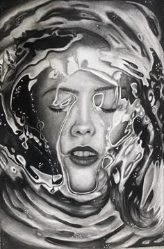 a black and white drawing of a woman's face with water swirling around her