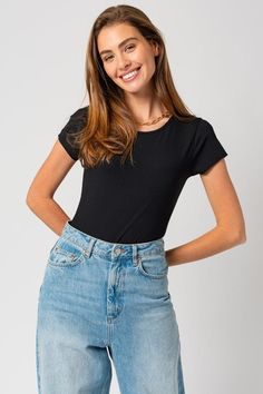 Crew Neck Bodysuit from Bodysuits collection you can buy now from Fashion And Icon online shop Bodysuit Outfit, Bodysuit Designs, Graphic Tops, Short Sleeve Bodysuit, Swimwear Outfit, Bottom Clothes, Black Bodysuit, Polished Look, Stretchy Fabric