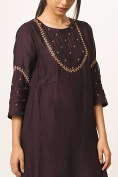 Wine kurta with all-over floral motif work. Comes with straight pants.
Components: 2
Fabric: Chanderi
Neckline: Round
Sleeve Length: Three Quarter
Color: Purple
Embroidered
Side slits
 - Aza Fashions Kurta Set For Women, Embroidery Neck Designs, Kurta Set, Set Women, Straight Pants, Set For Women, Aza Fashion, Floral Motif, Neck Designs