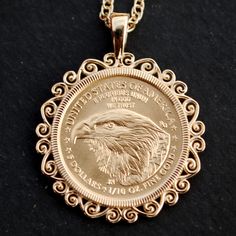 "You are looking at a gorgeous solid gold necklace, set with an authentic US 2021 1/10 oz Gold American Eagle Gem BU Uncirculated Coin - showing REVERSE in front. Obverse: Adapted from Augustus Saint-Gaudens' famed Gold Double Eagle design, which features Lady Liberty with flowing hair, a torch in her right hand, and an olive branch in her left. The Type 2 design features added details from the original bronze cast to enhance this beloved design. Reverse: a bold close-up portrait of an eagle, de 14k Gold Coin Jewelry Stamped 14k, Collectible Rose Gold Necklaces, Rose Gold Collectible Necklaces, Collectible Rose Gold Medallion Necklace, Rose Gold Medallion Necklace Collectible, 14k Gold Rose Gold Filigree Necklace, Rose Gold Filigree Necklace In 14k Gold, Rose Gold 14k Gold Filigree Necklace, Collectible 14k Gold Filigree Jewelry