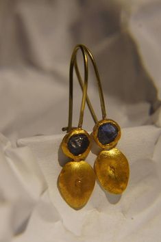 solid gold drop earrings//blue sapphire Earrings//Gold Dangle & Drop Earrings//blue earrings//24k go Handmade Yellow Gold Sapphire Jewelry, Elegant Hand Forged Blue Earrings, Yellow Gold Sapphire Dangle Jewelry, Blue Hammered Drop Earrings, Elegant Blue Hammered Earrings, Hand Forged Blue Round Earrings, Hand Forged Drop Earrings For Gift, Hand-forged Drop Earrings For Gift, Gold Sapphire Dangle Earrings