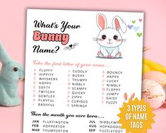 the bunny name game is next to an easter egg and some other items on a pink background