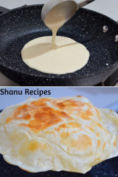 two pictures showing how to make an omelet in a skillet and then using the same ingredients