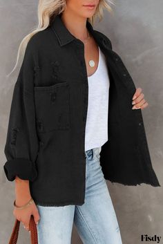 Fisdy - Distressed Denim Jacket with Fringe Trim Plus Size Mini Dresses, Statement Jacket, Bodycon Floral Dress, Plus Size Outerwear, Distressed Denim Jacket, Activewear Sets, Black Denim Jacket, Swimsuits High Waisted, Plus Size Sweaters