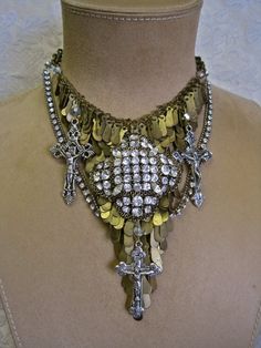 Eternal Bliss: Renaissance Necklace Vintage Assemblage Choker Victorian Wedding Chainmaille Rhinestones Crosses Bronze and Silver Adjustable Gold Jewelry With Bling For Festivals, Gold Bling Jewelry For Festival, Antique Gold Jewelry With Rhinestones, Bohemian Gold Bling Jewelry, Gold Rhinestone Necklaces For Festival, Victorian Metal Jewelry With Large Pendant, Gold Rhinestone Festival Jewelry, Bohemian Gold Necklace With Rhinestones, Gold Crystal Embellished Choker Necklace