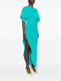 Dress 2024 Trend, Turquoise Outfit Ideas, Asimetric Dress, Batwing Dress, Draped Sleeves, Midi Dress Blue, Yellow Midi Dress, Turquoise Dress, Versace Outfit