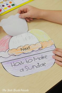 a child's hand holding a piece of paper that says next how to make a sundae