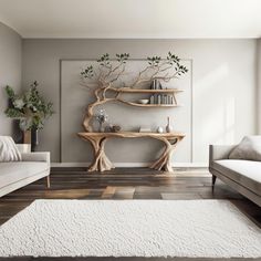 a living room filled with furniture and a tree branch on top of a table in front of a window