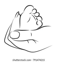 a hand holding a baby's foot in black and white on a white background