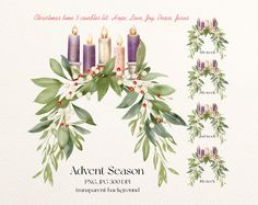 a christmas wreath with candles and greenery is shown on the front cover of an advert