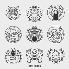 six black and white logos with animals in the middle one is for littlemiz