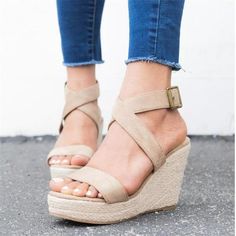 Woman Wedge Sandals Summer Pumps Cross-tied High Heels Platform Shoes Kasut Tumit Tinggi, Sandals With Heels, Heels High Classy, Summer Pumps, Different Shoes, Platform High Heel Shoes, Sandals Casual, Heels Platform, Ankle Strap Wedges